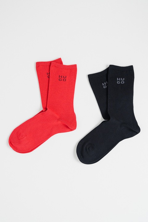 HUGO, Set de sosete lungi cu imprimeu logo - 2 piese, Rosu/Negru