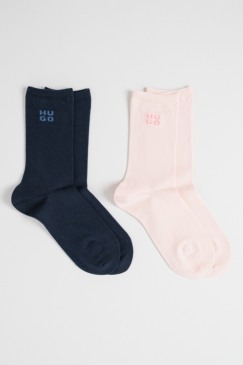 HUGO, Set de sosete lungi cu imprimeu logo - 2 piese, Negru/Piersica