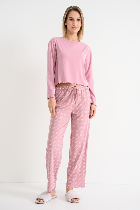 HUGO, Bluza de pijama din amestec de modal si bumbac, Roz prafuit, S