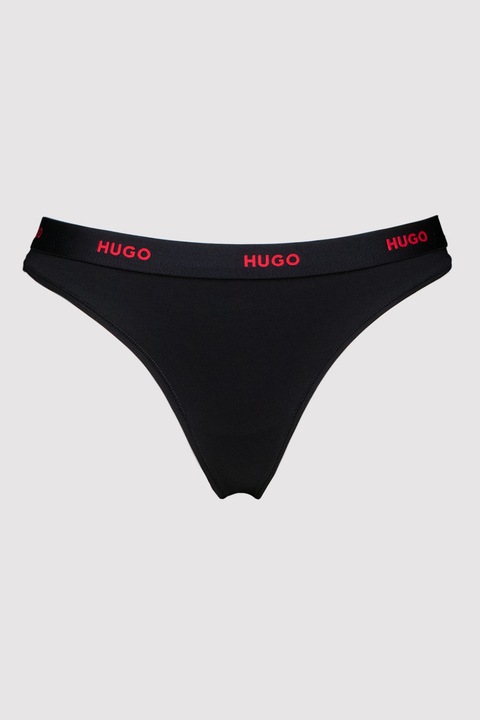 HUGO, Chiloti tanga din amestec de bumbac cu banda logo in talie, Negru