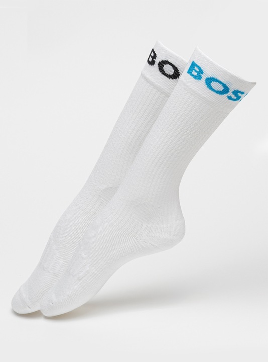 BOSS, Set de sosete lungi cu imprimeu logo si striatii - 2 perechi, Alb/Albastru