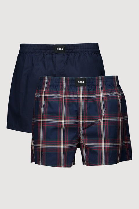 BOSS, Set de boxeri din bumbac cu model uni - 2 perechi, Verde inchis/Bleumarin