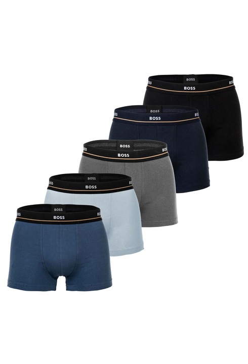 BOSS, Set de boxeri cu banda logo in talie - 5 perechi, Negru/Gri/Albastru
