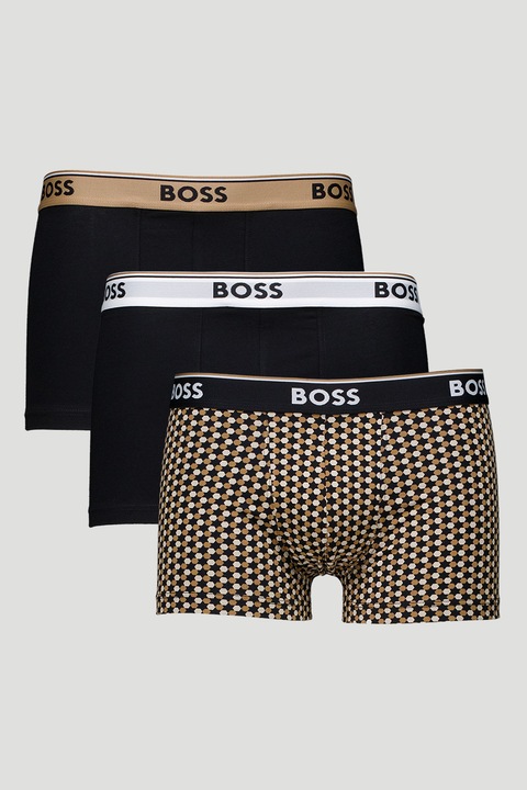 BOSS, Set de boxeri cu model uni si in carouri - 3 perechi, Negru/Bej