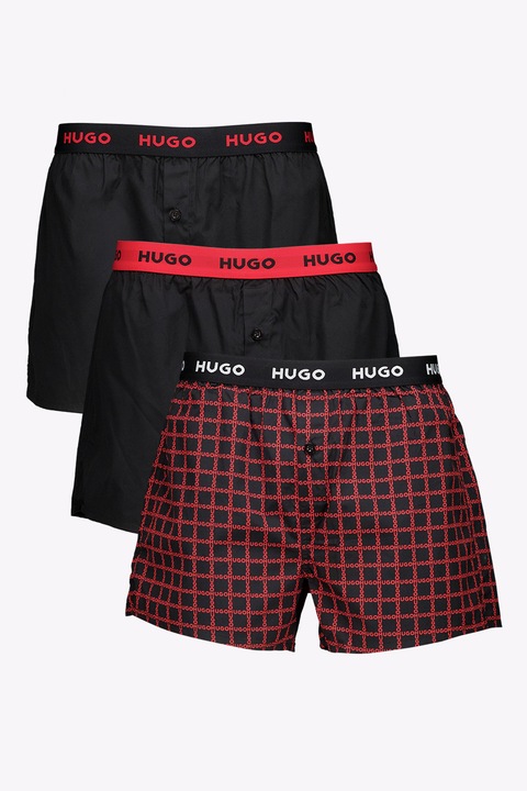HUGO, Set de boxeri din bumbac cu banda logo in talie - 3 perechi, Rosu/Negru stins