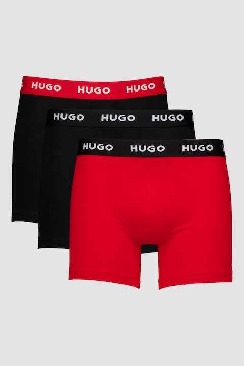 HUGO, Set de boxeri din amestec de bumbac - 3 perechi, Negru/Rosu vermillion