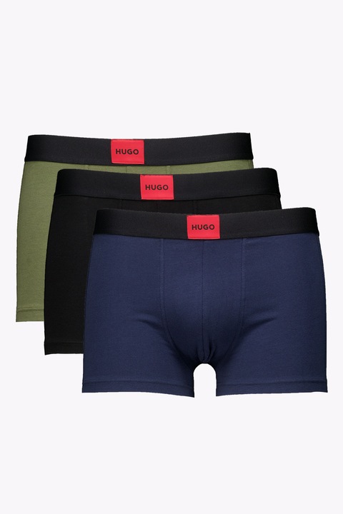 HUGO, Set de boxeri cu banda elastica - 3 perechi, Negru/Kaki inchis/Albastru indigo