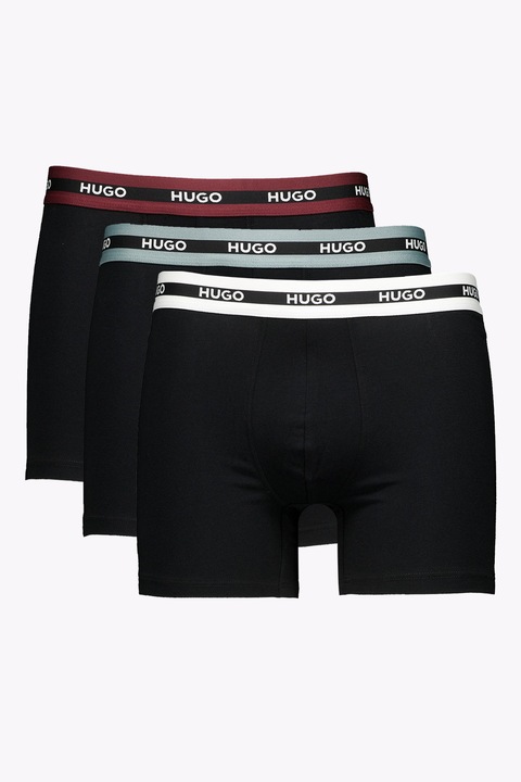 HUGO, Set de boxeri din amestec de bumbac cu banda logo in talie - 3 perechi, Negru/Negru stins