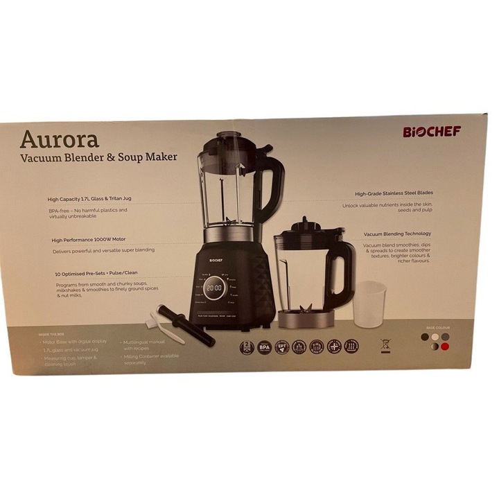Вакуумен блендер BioChef Aurora, Функция за готвене, 2, 0 л стъклен съд, 1, 75 л вакуумен съд, Размер: 23х21х49 сантиметра, Цвят: Черен