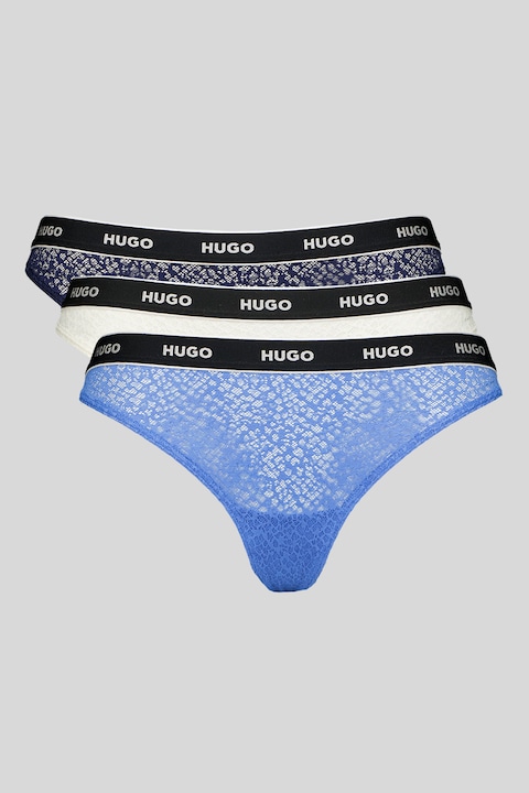 HUGO, Set de chiloti tanga din dantela cu banda logo in talie - 3 perechi, Albastru deschis