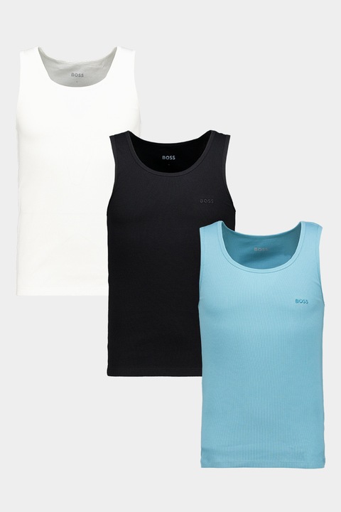 BOSS, Set de topuri de casa din bumbac - 3 piese, Alb/Negru/Turcoaz