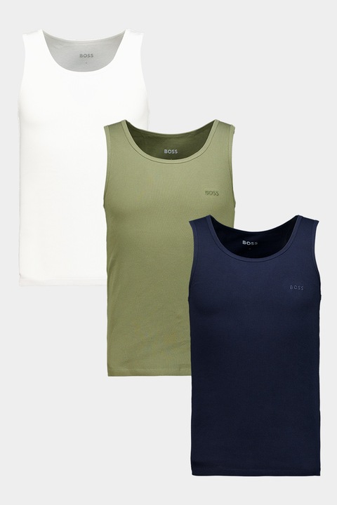 BOSS, Set de topuri de casa din bumbac - 3 piese, Alb/Verde/Bleumarin