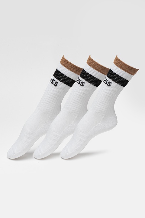BOSS, Set de sosete din amestec de bumbac cu model logo - 3 perechi, Alb/Albastru ultramarin/Maro camel