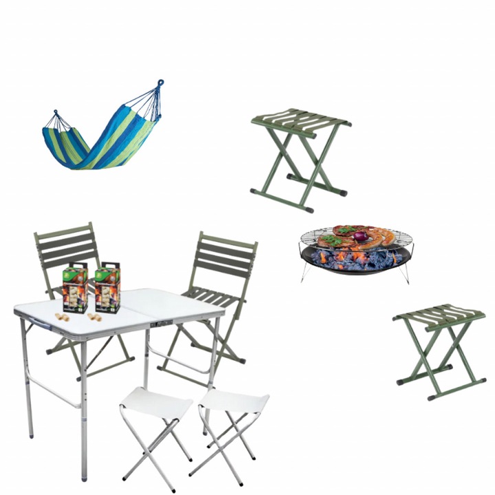 Комбинация „BBQ на открито, Барбекю LAMARQUE, Алуминиева маса с два стола, 2 броя къмпинг столчета, 2 пакета Еко вълна за разпалване, Голям хамак, Размер на хамака: 190 x 80 сантиметра, Цвят: Многоцветен