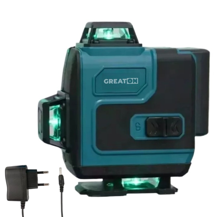 Nivela Laser Verde 4D GREATON, 16 Linii, Autonivelare 4x360°, Precizie ±1mm, IP54, 25m, Trepied, Platforma, Suport Perete, Telecomanda, Servieta, Albastru/Negru