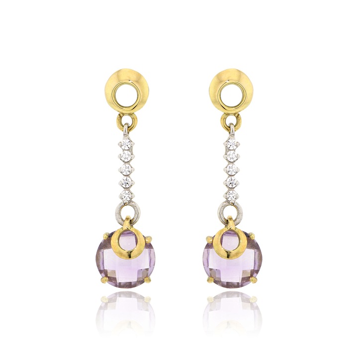 Cercei dama, Skaras, din aur galben de 14K, cu zirconiu si ametist