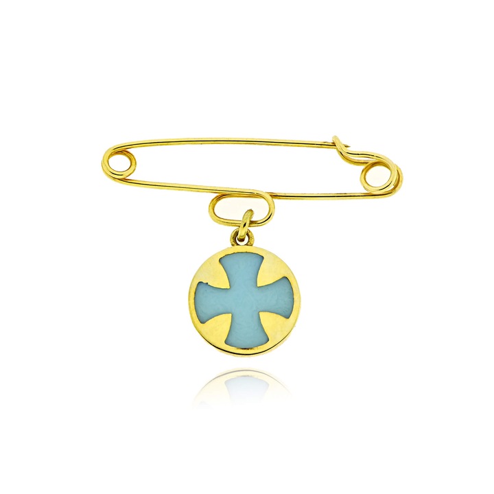 Brosa tip ac de siguranta Skaras, pandantiv cruce, din aur galben de 14K, cu email