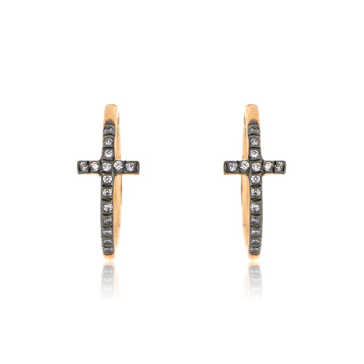 Cercei rotunzi cu cruce din aur roz, 9 K
