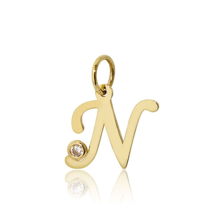 Pandantiv monograma N din aur galben K9 cu pietre de zirconiu