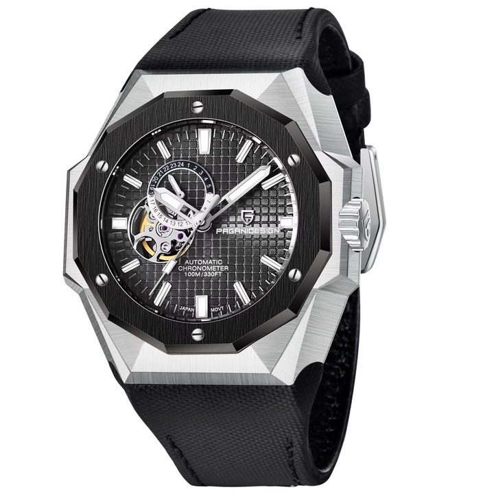 Мъжки часовник Pagani Design Javelot, Автоматичен, Естествена кожа, Черен / Черен