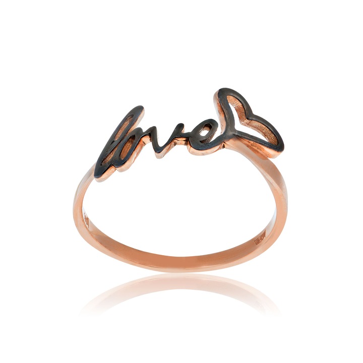 Inel LOVE din aur roz de 14 karate cu email