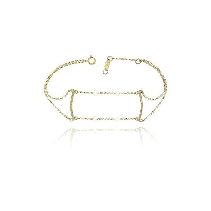 Bratara din aur galben de 14K cu pietre de zirconiu si perle