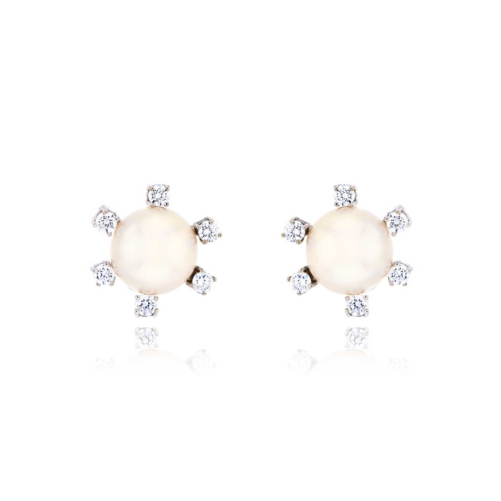 Cercei din aur alb K9 cu pietre zircon si perle