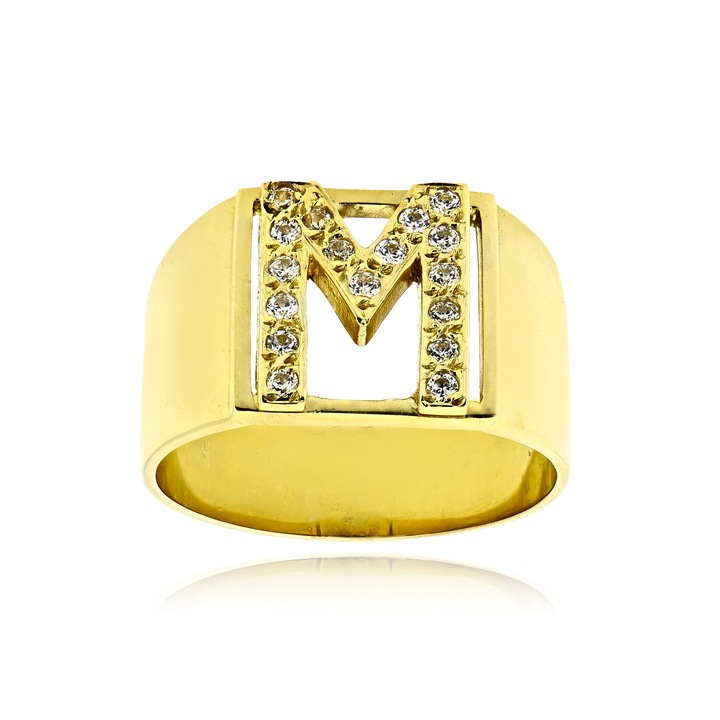 Inel cu monograma, Skaras, aur galben K9, pietre zircon, 040042
