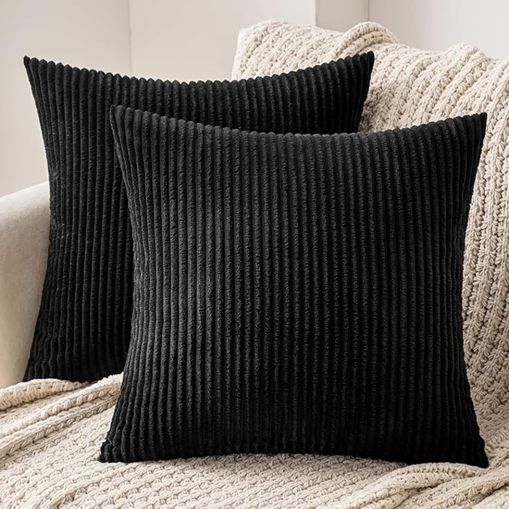 Set 2 fete de perna MIULEE, 50 x 50 cm, catifea raiata, culoare negru