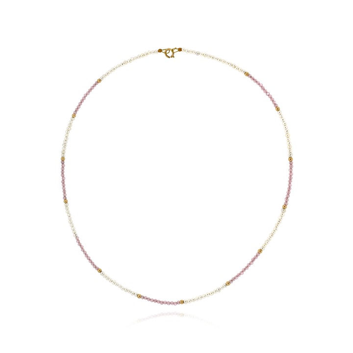 Colier cu margaritare, Skaras, roz salomita, detalii din aur galben K14