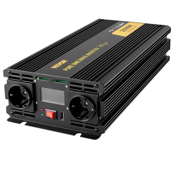 Inverter, 2500 W-os tiszta szinuszhullámú LCD USB DC - AC 230 V, fekete
