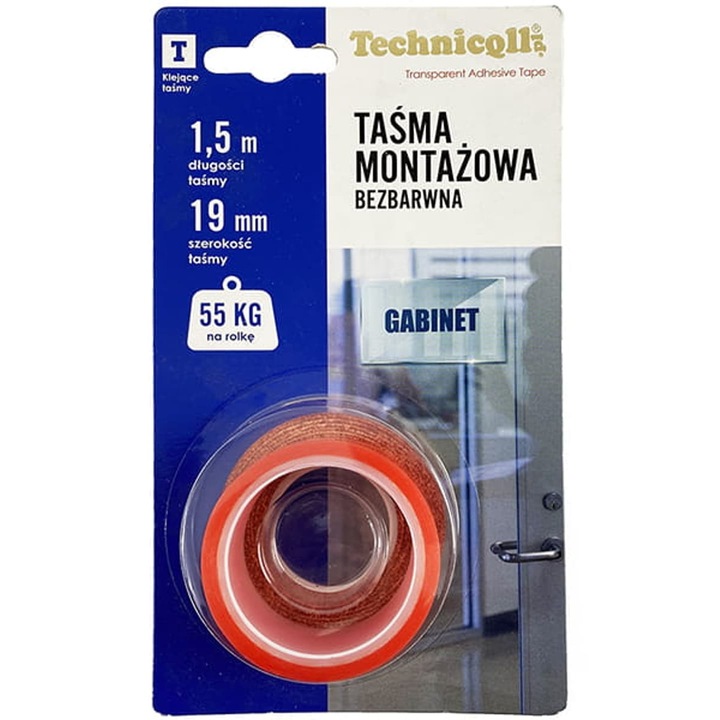 Двустранно залепваща лента Technicqll 19 мм x 1,5 м, прозрачна, еластична