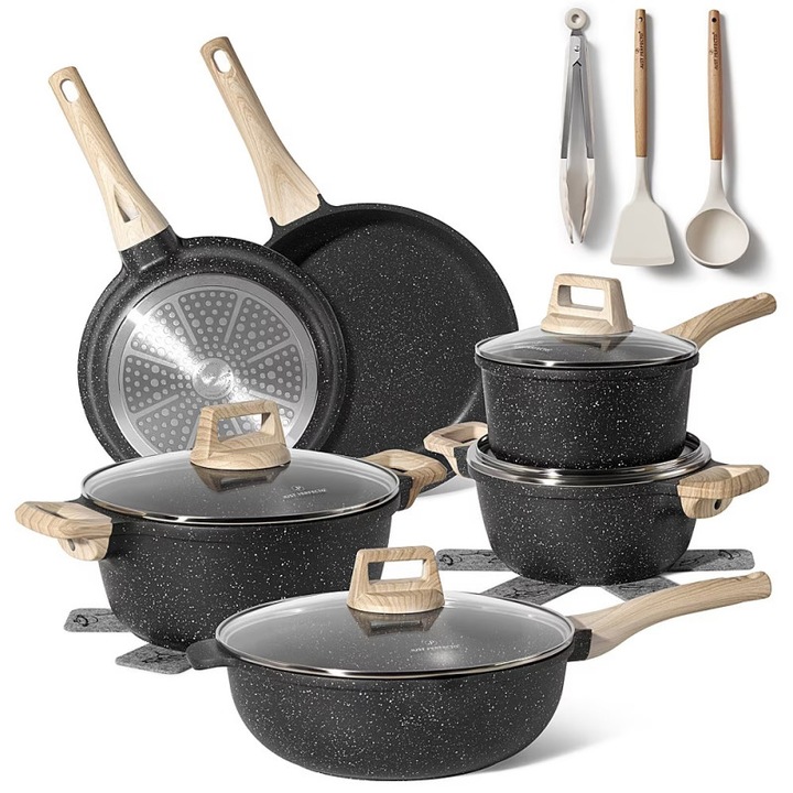Комплект тенджери и тигани Just Perfecto JL-789, 15 ч, Отливка, Мраморно покритие, Индукция, Аксесоари, Черен