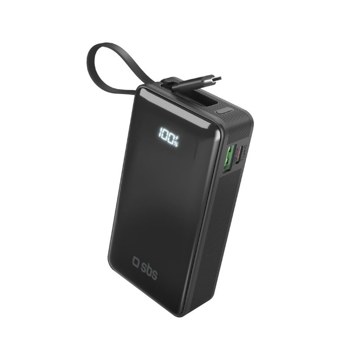Външна батерия LCD SBS 81420, 10 000mAh, PD20W, с вграден кабел, черна