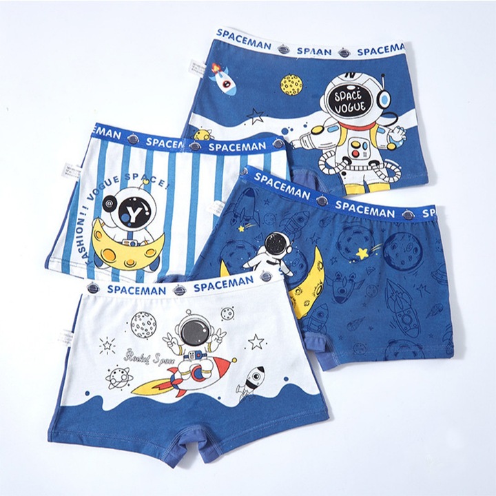 Gyermek boxer alsónadrág, 4 db-os szett, tiszta pamut, űrhajós minta, többszínű (magassághoz illő)