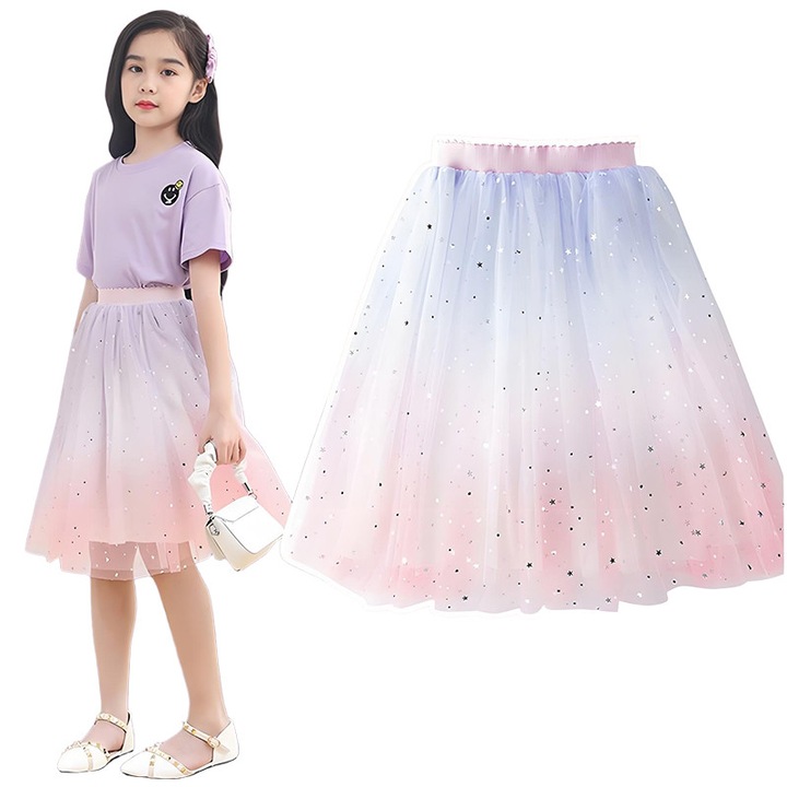 Fusta pentru fete, model in stea, gradient, fusta de printesa de vara, potrivita pentru inaltimea de, Roz
