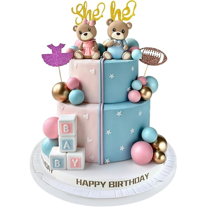 Topper pentru tort cu dezvaluire de gen - Topper pentru tort cu urs cu decoratiuni pentru tort pentru baiat sau fetita Accesorii pentru petrecerea de nastere, Accesoriu tort