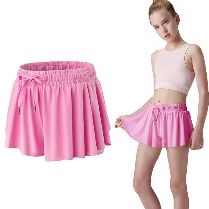 Fusta scurta casual pentru fete, cu captuseala din spandex, 2 in 1, potrivita pentru fitness, alergare, sport (potrivita pentru inaltimea de, Roz