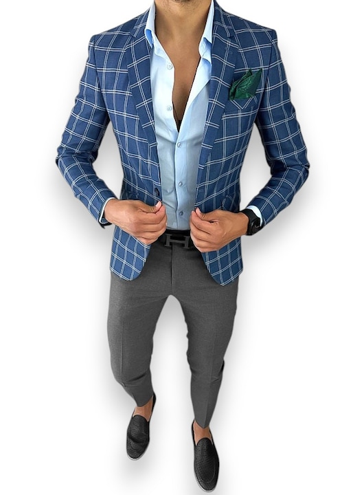 Мъжко карирано яке slim fit, 12715, синьо, Син