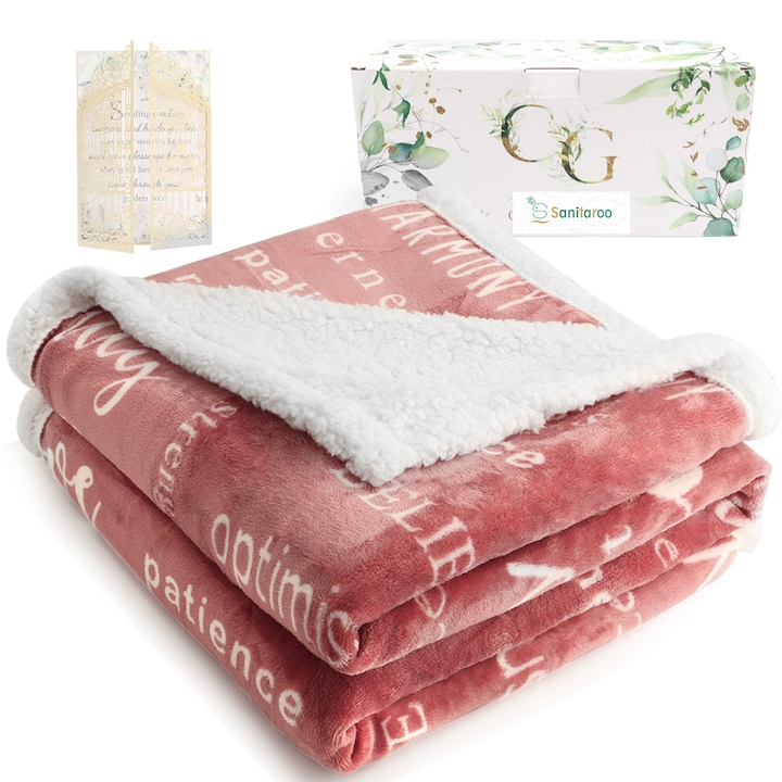 Patura moale din fleece si sherpa cu mesaje inspirationale, roz, unisex, 127x152 cm – ideala pentru canapea, pat sau cadou