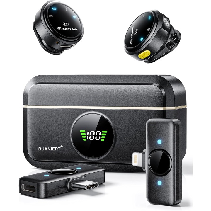 2 db professzionális csíptetős mikrofon szett, BUANIERT®, tiszta hangzás, optimális hangerő, környezeti zajszűrési funkció, csipesszel és mágneses rögzítéssel, gyors töltődoboz kijelzővel, kompatibilis laptoppal, Androiddal, iPaddel és iOS-szel
