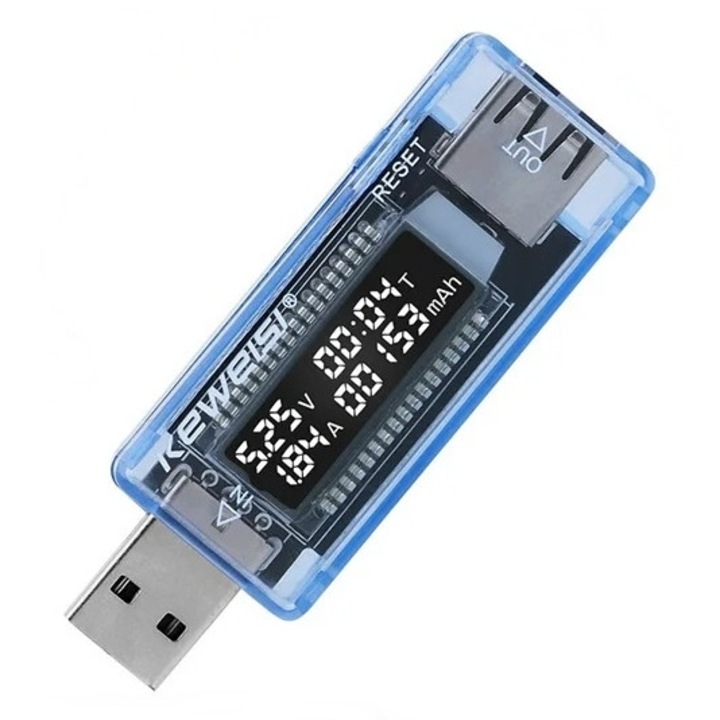 USB тестер за измерване на напрежение, Ток, Капацитет, Мощност, KWS-V20, 4-20V, 0-3A, 0-99 часа, Прозрачно син