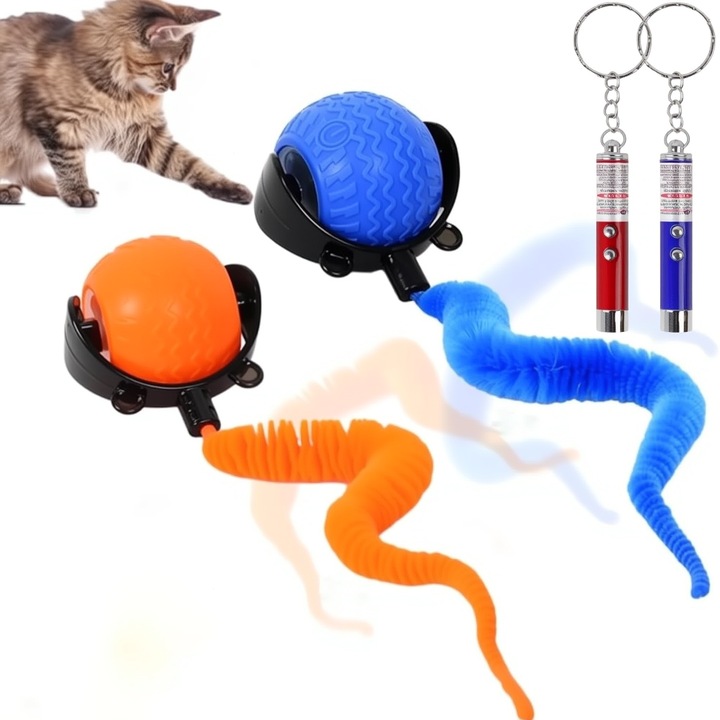 Interaktív macskajáték, 2 db-os csomag, Speedy Tail 2.8 Omelivon® CAT-MOB2-LT, Automatikusan guruló labda, 3 játékmód, Tartós kialakítás, Kék és Narancssárga