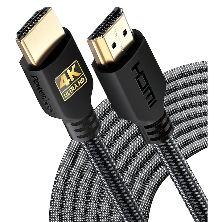 HDMI кабел PowerBear 4K, високоскоростен, с найлонова оплетка, ARC, CL3, съвместим с PS5, Xbox, телевизор, лаптоп, 9.14 метра, бял/сив