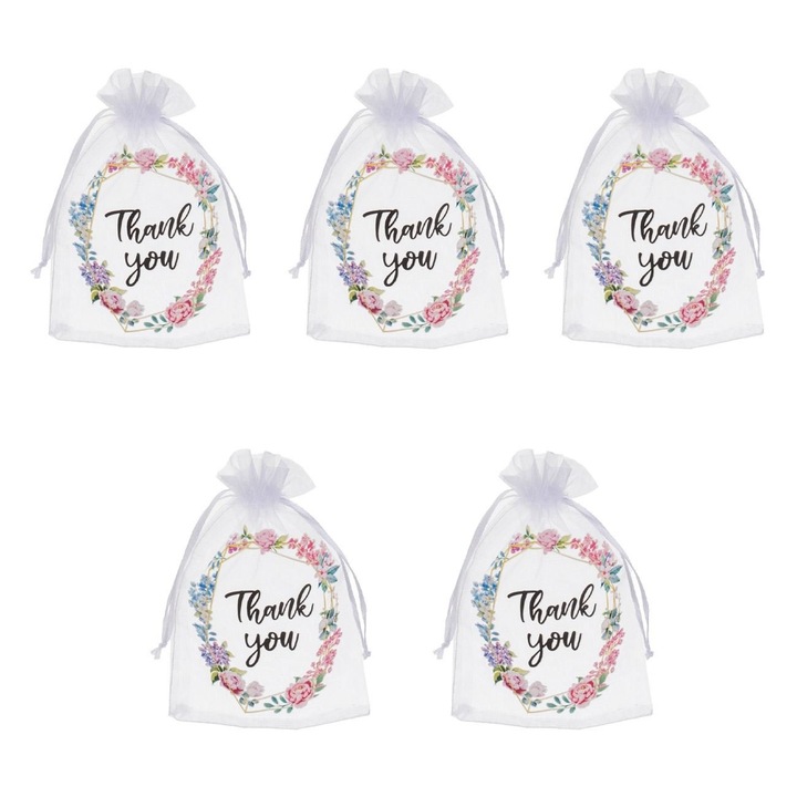 Set 5 Saculeti Organza Albi Cu Model Flori Si Mesaj Thank You 10x15cm Pentru Marturii Sau Produse Mici