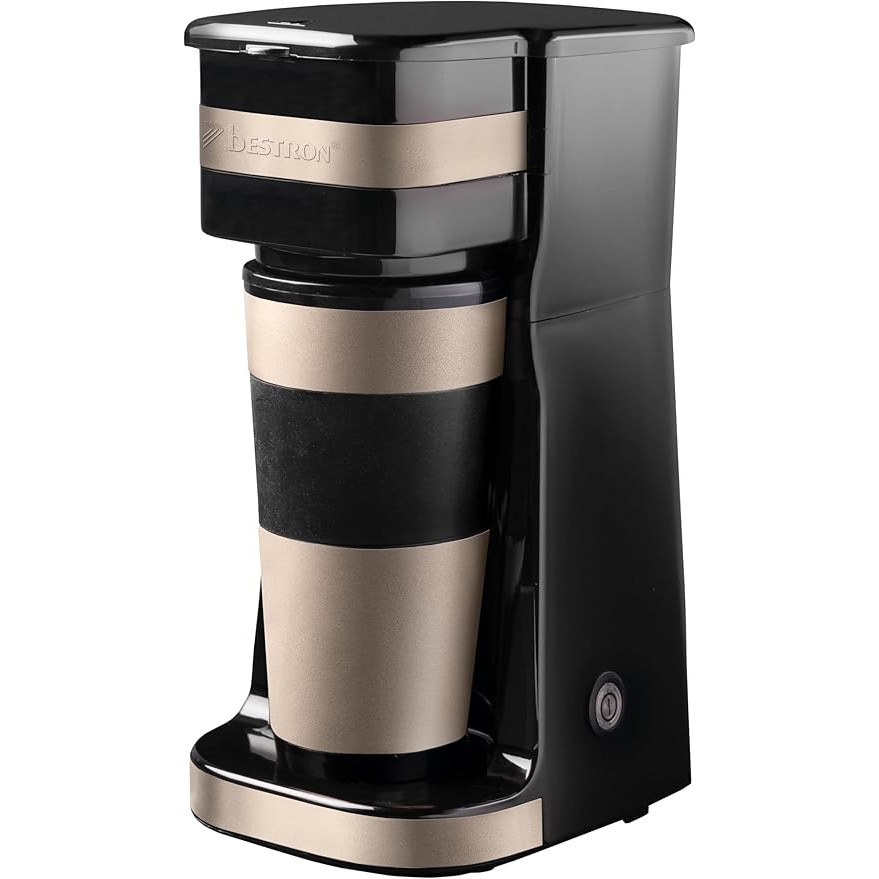Cafetiera Bestron cu Cana Termoizolanta – pentru Cafea Filtrata Macinata, Cafetiera Mica pentru 2 Cesti Mari, Inox, Culoare: Bej Deschis/Satinat