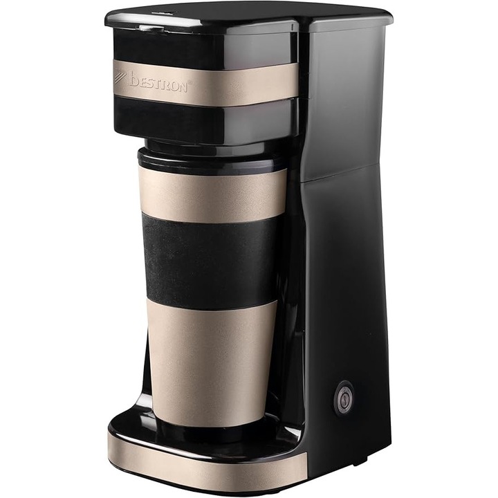 Cafetiera Bestron cu Cana Termoizolanta – pentru Cafea Filtrata Macinata, Cafetiera Mica pentru 2 Cesti Mari, Inox, Culoare: Bej Deschis/Satinat