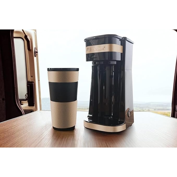 Cafetiera Bestron cu Cana Termoizolanta – pentru Cafea Filtrata Macinata, Cafetiera Mica pentru 2 Cesti Mari, Inox, Culoare: Bej Deschis/Satinat
