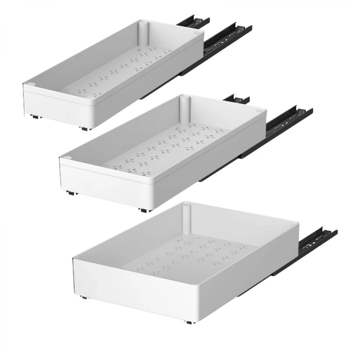 Set 3 Sertare cu Glisiere Autoadezive Soft-Close, Extragere Totala, Sina cu Extensie, 3 dimensiuni, Alb