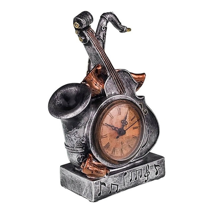 Statueta Decorativa din rasina cu Ceas Analog si instrumente muzicale, Alb, 14x22 cm, Velve